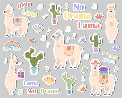 A Set Of Stickers Cute Cartoon Llamas Cacti Rainbow Stickers For