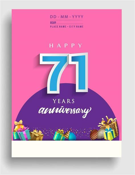 71st Years Anniversary Invitation Design With Gift Box And Balloons