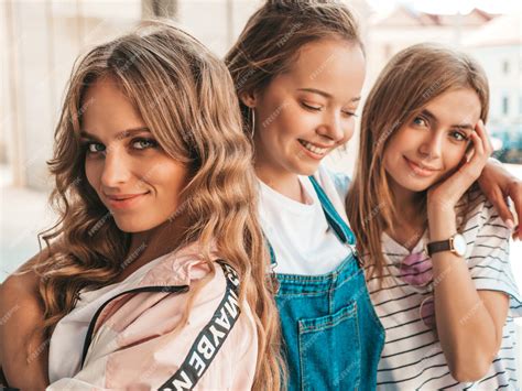 Free Photo Portrait Of Three Young Beautiful Smiling Hipster Girls In