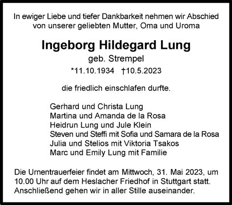 Traueranzeigen Von Ingeborg Hildegard Lung Stuttgart Gedenkt De