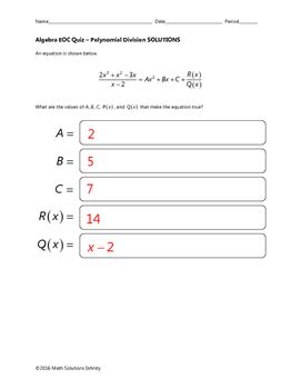 Algebra Eoc Quiz Polynomial Division Bundle By Math Solutions Infinity