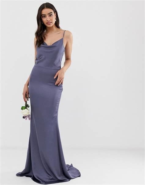 Missguided Satin Cowl Neck Maxi Bridesmaid Dress Blue Purple