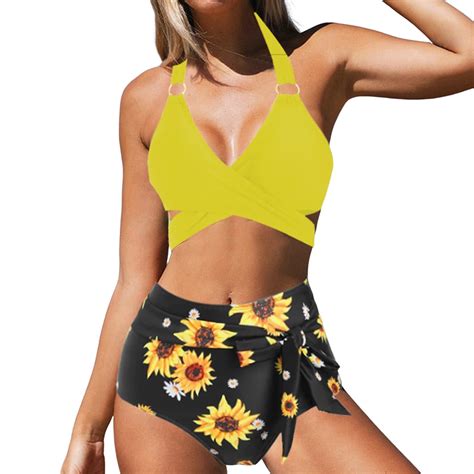 Gzea Women S Summer Vacation Beach Bikini High Waist Sunflower Swimsuit