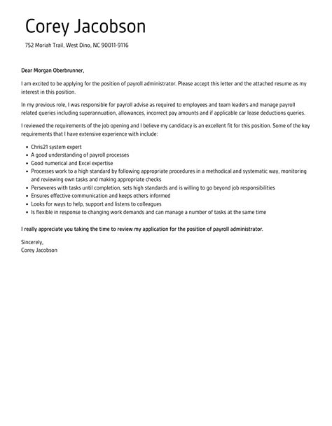 Payroll Administrator Cover Letter Velvet Jobs