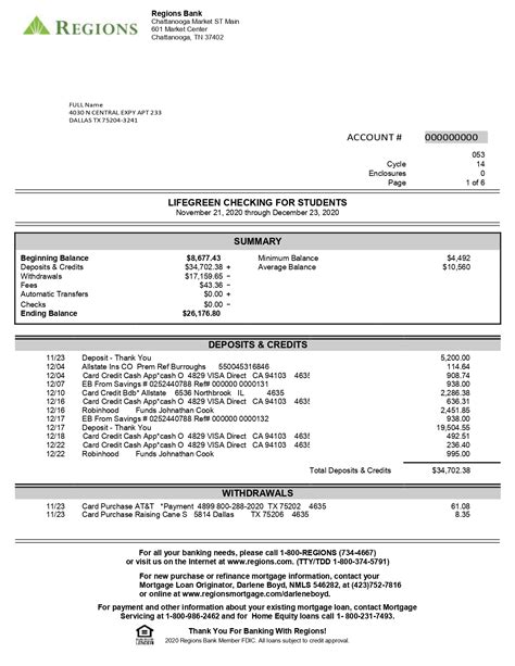 New 2023 Regions Bank Statement Template Lifegreen Checking For