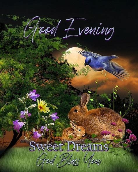 An Image Of Two Rabbits And A Bird In The Night Sky With Words Good