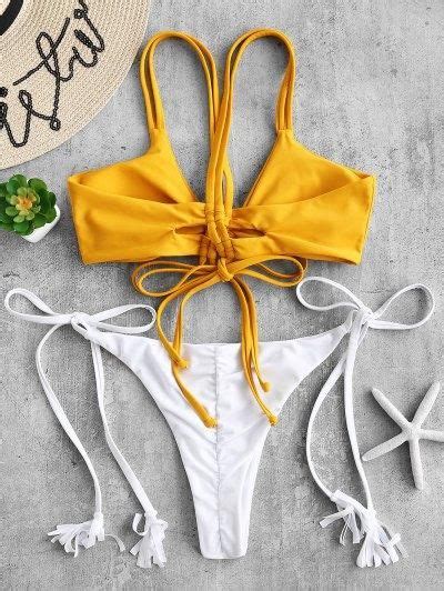 ZAFUL Crisscross Tie Scrunch Butt Bikini Set Bright Yellow S Neon