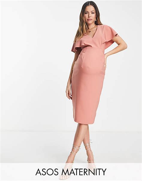 Asos Design Maternity Angel Sleeve Midi Pencil Dress In Terracotta Asos