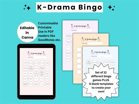 Kdrama Bingo Card Set Template Kdrama Printable Bingo Game Digital