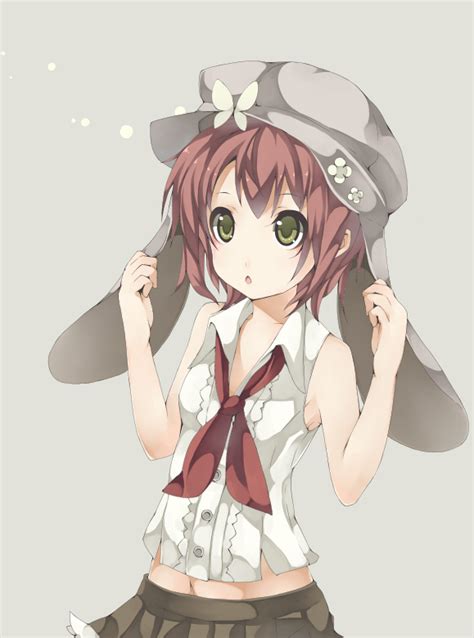 Safebooru Blush Brown Hair Flat Chest Green Eyes Hat Midriff Navel