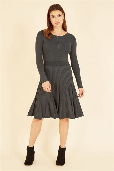 Yumi Grey Knitted Pleated Skater Dress With Zip Yumi