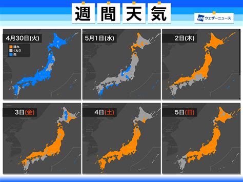 週間天気予報 来週中頃にかけて広く雨 四連休は晴れる日が多い 4月29日月〜5月5日日 ウェザーニュース