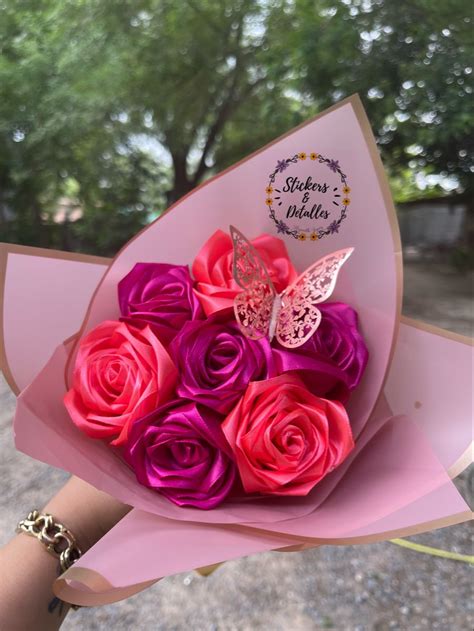 Ramo 7 Rosas Eternas Ribbon Rose Bouquets Ribbon Bouquet Diy Rose Bouquet