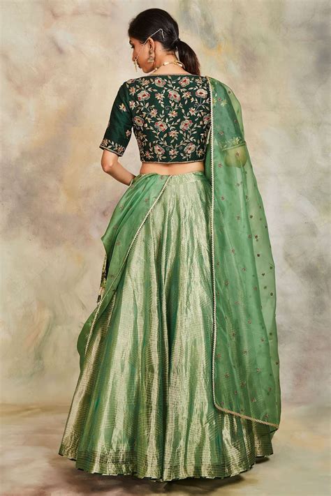 Buy Sue Mue Green Tissue Embroidered Lehenga Set Online Aza Fashions