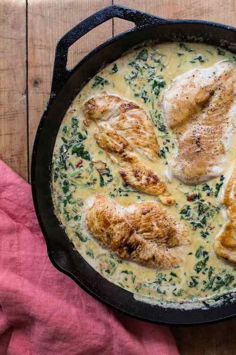 Pollo a la sartén con crema de espinacas champiñones y tocino