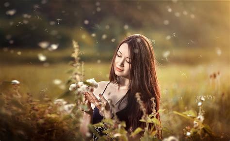 Women Mood Brunette Dandelion Depth Of Field Girl Long Hair