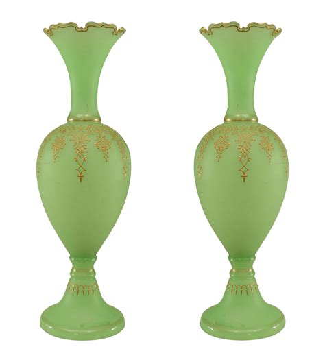 Pair Of French Victorian Green Opaline Glass Vases