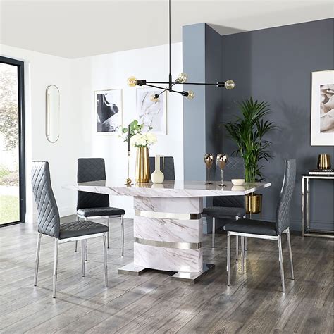 Komoro Dining Table And 6 Renzo Chairs Grey Marble Effect And Chrome Grey Classic Faux Leather