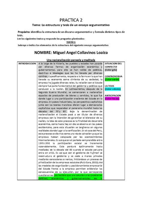 Practica 2 Parte 1 Practica 2 Tema La Estructura Y Tesis De Un Ensayo Argumentativo