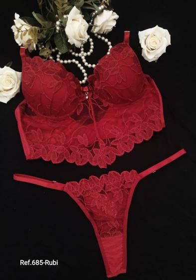 Conjunto De Lingerie Cropped Sensual Em Tule Bordado Calcinha Fio