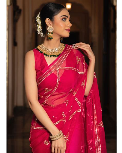 Rani Pink Embroidered Chiffon Saree By Calmna The Secret Label