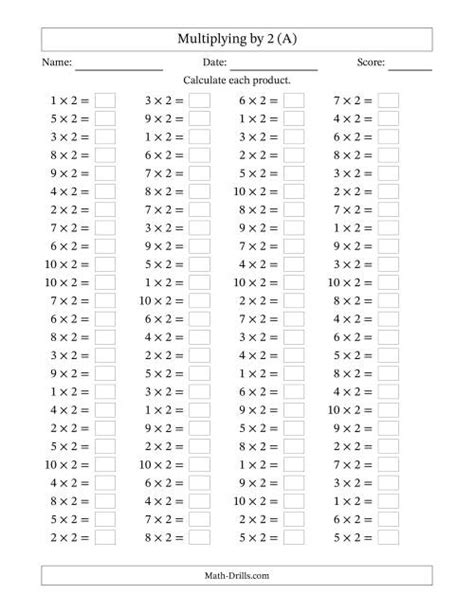 Horizontally Arranged Multiplying 1 To 10 By 2 100 Questions A