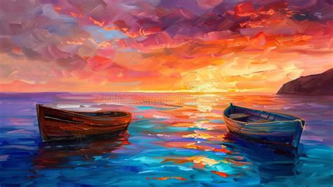 An Original Oil Painting of Boats and Sea. a Sunset Over the Ocean ...