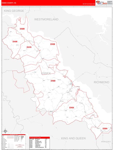 Essex County, VA Zip Code Wall Map Red Line Style by MarketMAPS - MapSales.com