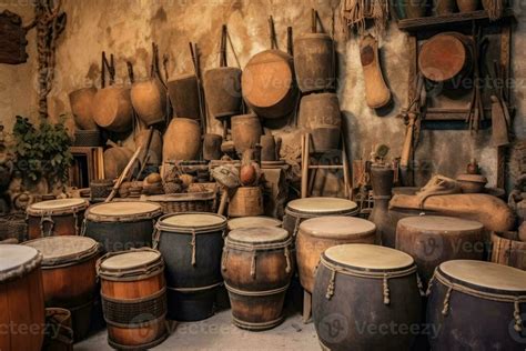 Collection of ancient vintage wooden drums. Oriental musical instruments. Generative AI 26440850 ...