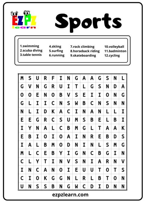 Sports Word Search 1 Ezpzlearn Word Search Printable