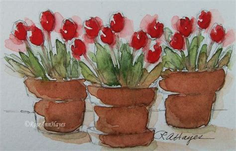 Original Watercolor Painting Tulips In Flower Pots By Roseannhayes