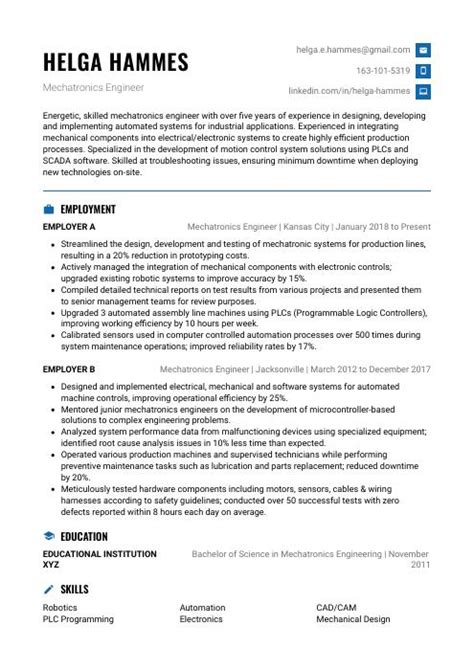 Mechatronics Engineer Resume (CV) Example and Writing Guide