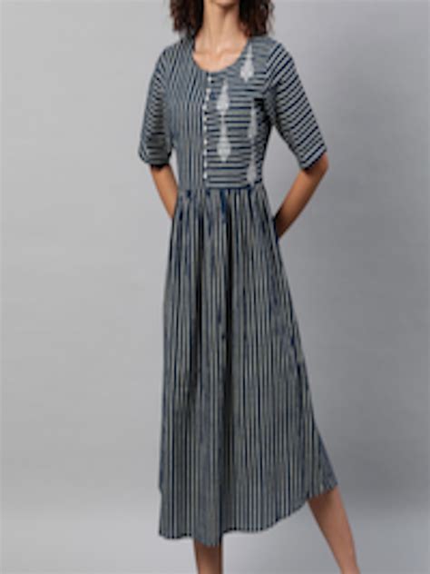 Buy Street 9 Woman Navy Blue Striped A Line Midi Dress Dresses For