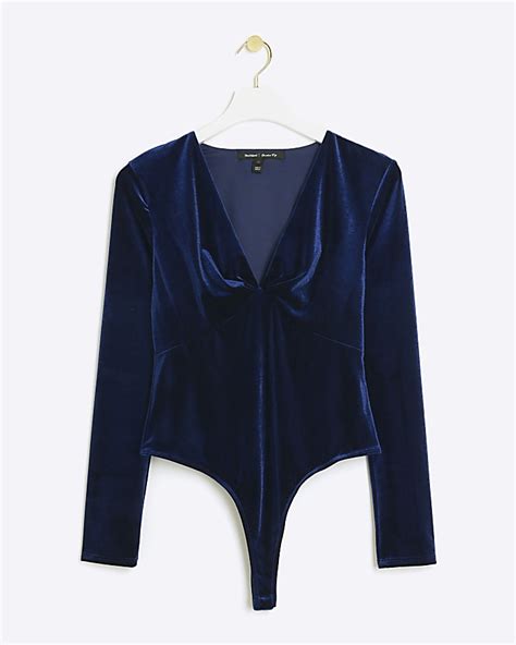 Blue Velvet Plunge Bodysuit River Island