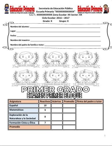 Examen Del Primer Grado Para El Primer Bloque Del Ciclo Escolar