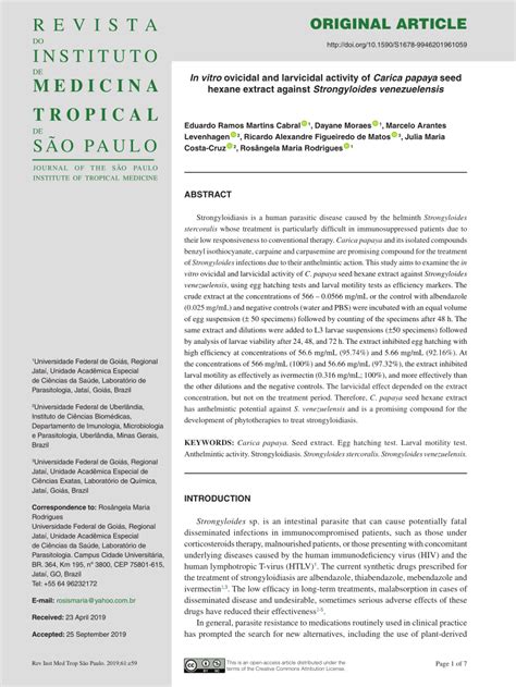 Pdf In Vitro Ovicidal And Larvicidal Activity Of Carica Papaya Seed