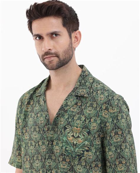 Rare Rabbit Mens Rabenn Dark Green Viscose Fabric Cuban Collar Half S