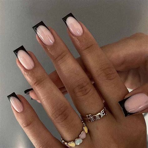 Amazon RikView French Tip Press On Nails Medium Fake Nails Black Stick On Nails Square Nude