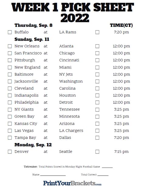 Nfl Schedule 2022 One Page Printable Printable Calendars At A Glance