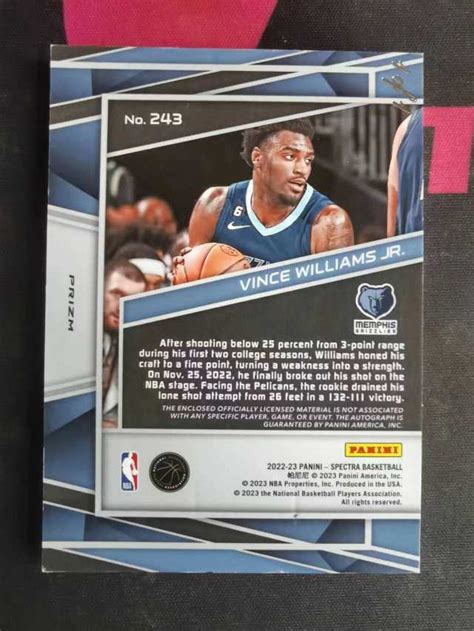 2022 23 Panini Spectra Vince Williams Jr RC 22 23 rc 文斯 威廉姆斯LOGOMAN暴力