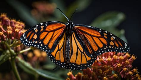 La Mariposa Monarca Vibrante Poliniza La Flor Amarilla Al Aire Libre