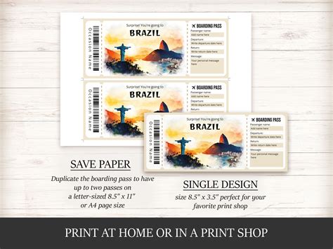 Editable Brazil Boarding Pass Template, Personalized Gift Printable