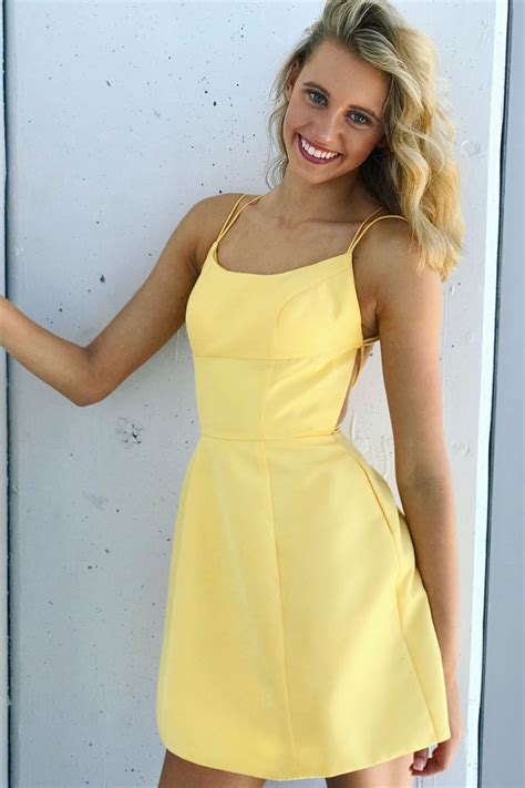 Double Spaghetti Straps Yellow Homecoming Dress With Lace Up Back Fancyvestido