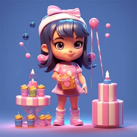 premium ai image  close    cartoon girl   birthday cake