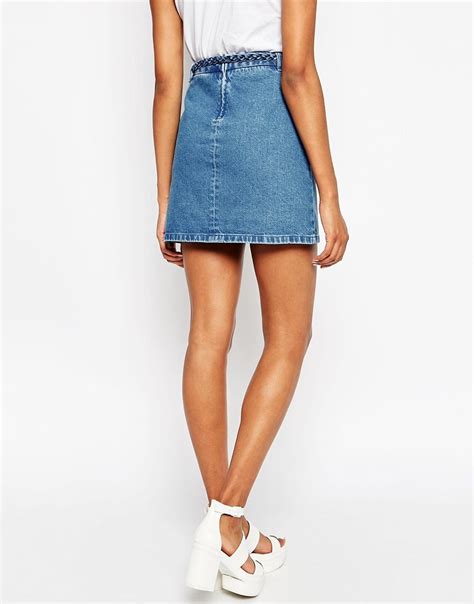 Lyst Asos Denim A Line Mini Skirt With Plait Tie Belt In Mid Blue In Blue