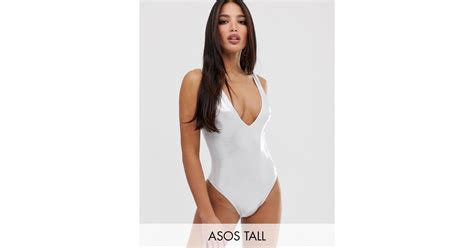 Asos Asos Design Tall Wetlook Metallic Plunge Swimsuit Lyst