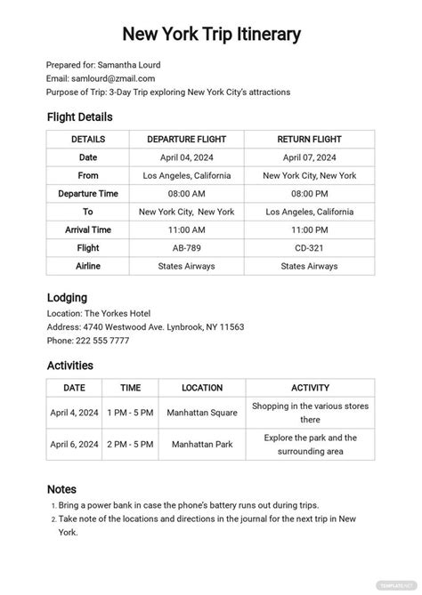 Sample Vacation Itinerary Template in GDocsLink, MS Word - Download ...