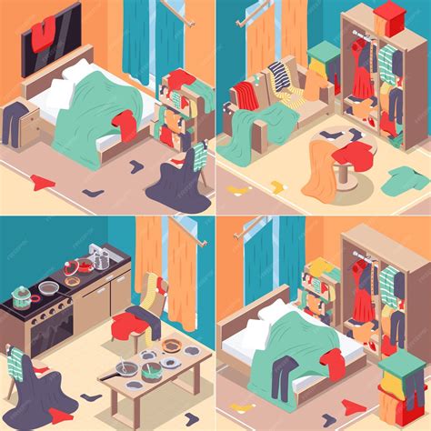 Free Vector Messy Room Isometric Concept Icons Set With Dirty