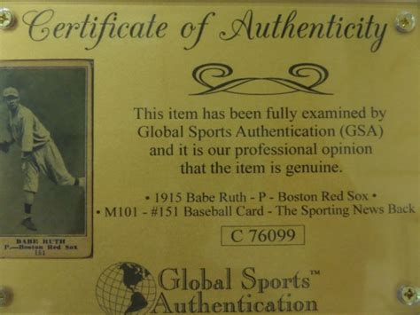 Coach S Corner 1915 Babe Ruth Red Sox GSA Certified M101 BB Card 151