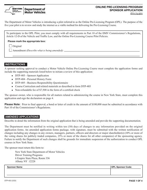 NYS DMV Form DTP 403 Online Pre Licensing Program Sponsor Application